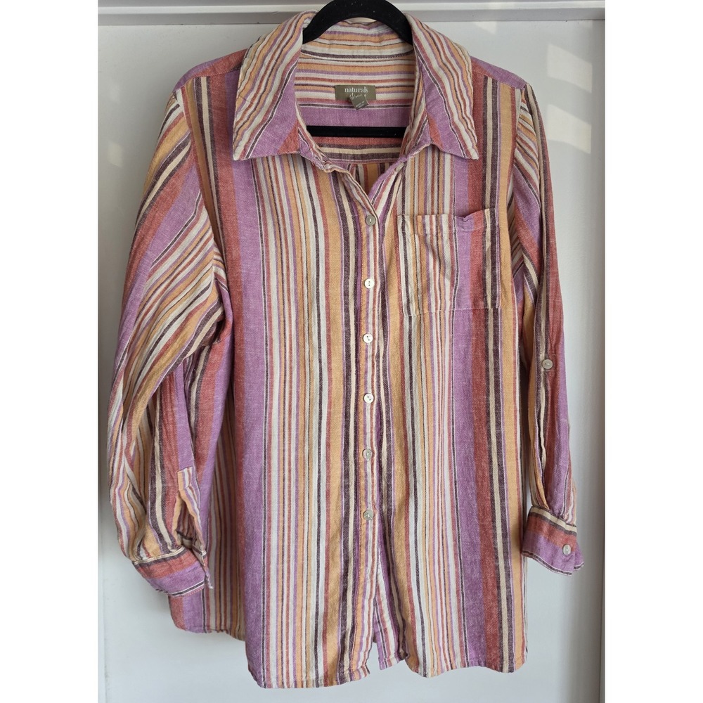 Naturals D&Co Button-Up Shirt 1XP Striped Long Sleeve Collared Boho Linen